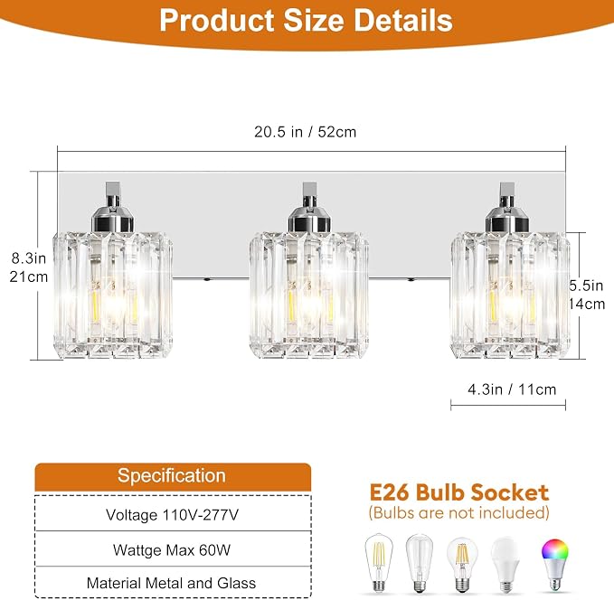 Brushed Chrome Crystal Bathroom Vanity Light, 3-Light Modern Bathroom Lighting Fixtures Over Mirror,Chrome Wall Sconce Light Fixtures with Square Shade