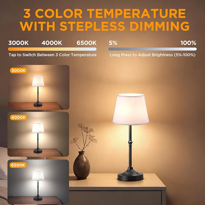 LUTEC 2 Pack Cordless Table Lamp, Battery Operated Lamp with 3 Color Temps and Stepless Dimming, 5200mAh Portable Rechargeable Table Lamp for Restaurant/Bedroom/Bars/Outdoor (Black)