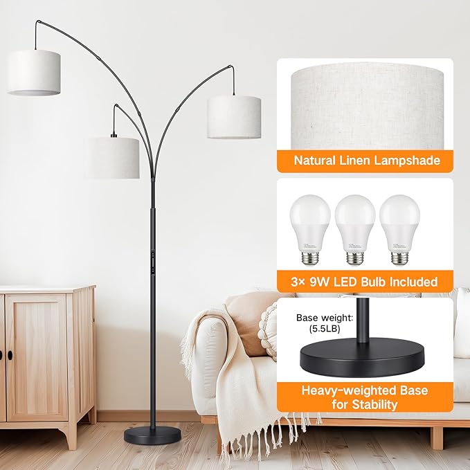 OUTON Arc LED Floor Lamp with Remote & Touch Control, Dimmable Modern Black 3 Light Arched Tall Floor Lamp, Mid Century Adjustable Standing Corner Lamps for Bedroom, Office, Living Room