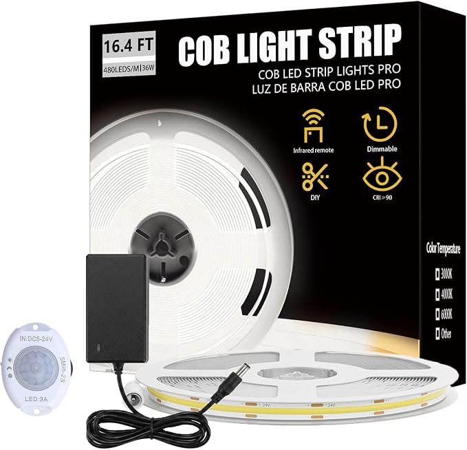 Under Bed Lights Motion Sensor COB LED Strip, 6.56Ft 6000K White Motion Activated LED Light Strip for Bedside, 24V Dimmable Motion Sensor Night Light COB Strip for Under Cabinet Stair Closet