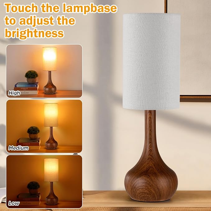 Mid Century Modern Walnut Wood Grain Table Lamp, Touch Control & 3-Way Dimmable, Space-Saving Design, Vintage Bedside Lamp for Bedroom, Living Room, Office (LED Bulb Included)