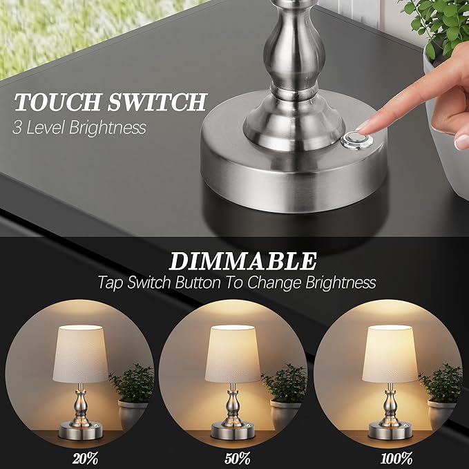 Mini Cordless LED Table Lamp, 5200mAh Rechargeable Battery Operated Lamp, 3-Level Brightness, Touch Dimmable Desk Lamp, Bedside Night Light for Patio Camping Restaurant Home, Brushed Nickel