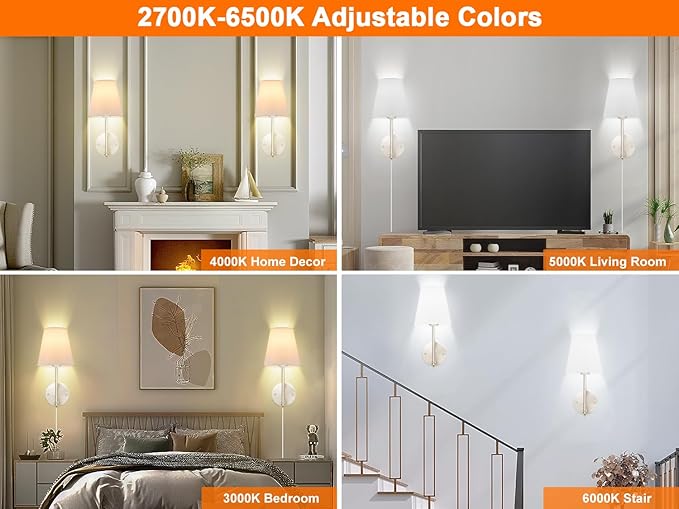 Wall Sconces Set of Two with Remote Control, Dimmable, Adjustable Colors 2700-6500K, Plug in Wall Sconces with White Fabric Shades, Plug in Wall Light, Brushed Nickel
