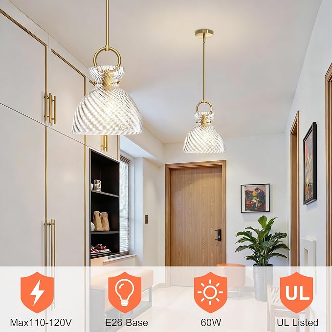 Gold Pendant Light Kitchen Island with 9.84'' Striped Glass Shade | Modern Pendant Lighting Over Sink, Adjustable Hanging Ceiling Light, E26 Dimmable Hardwired for Dining Room Hallway, 1-Pack