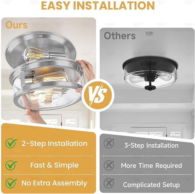 2-Light Brushed Nickel Flush Mount Ceiling Light Fixtures | Seeded Glass, 12 inch Minimalist Close to Ceiling Lighting, For Hallway, Kitchen, Entryway, Bedroom
