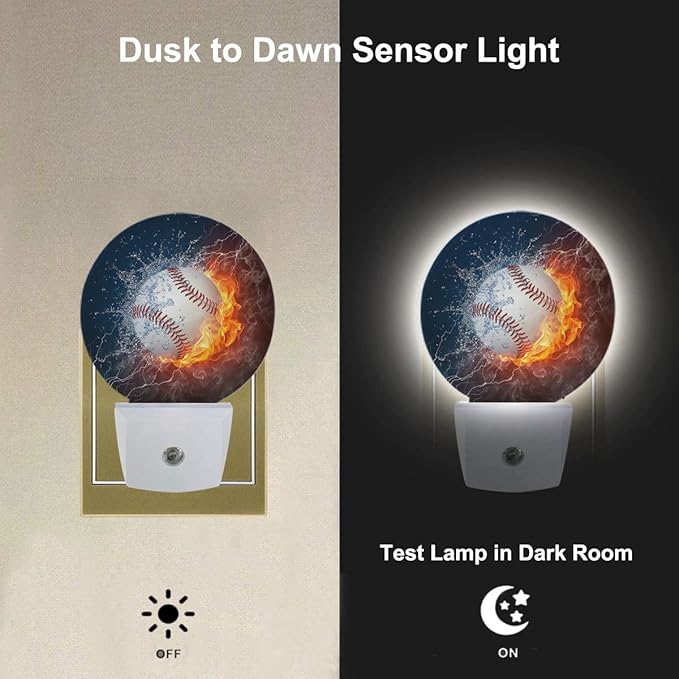 Sport Night Lights Plug into Wall Baseball Ball in Fire and Water Night Light Dusk to Dawn Sensor LED Lighting for Bedroom Bathroom Living Room, 0.5W Sleep Friendly