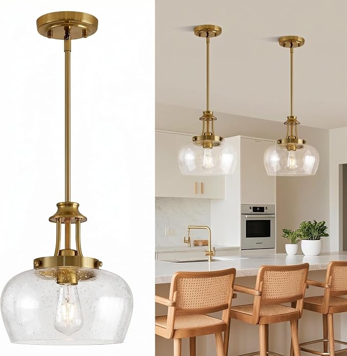 Modern Pendant Lights Kitchen Island, Brushed Gold Pendant Light Fixtures with 10" Clear Air Bubble Glass Shade, Industrial Hanging Pendant Lights Fixture for Kitchen Island Dining Room Entryway