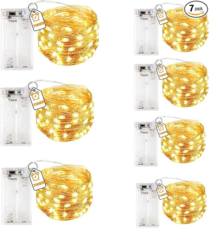 7 Pack LED Fairy Lights with Timer Battery Operated,3M 30 LED Firefly Lights Copper Wire Mini Twinkle String Lights,for Bedroom,Christmas,Wedding Decorations,Warm White
