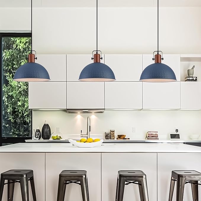 12 Inch Blue Pendant Lights Hammered Matte Pendant Lights for Kitchen Island Industrial Farmhouse Adjustable Height Dome Hanging Light Fixtures for Barn, Dining Room 2 Packs