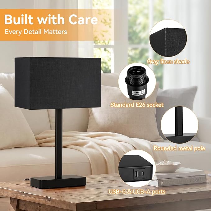 Hong-in Touch Lamps for Bedroom - 3-Way Dimmable Bedside Lamps Set of 2 with USB C+A, Black Modern Table Lamp for Night Stands, Desk Lamp for Living Room Nightstand End Tables Bed Side