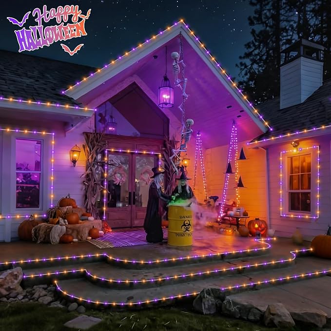 QITONG 2 Pack Solar Halloween Lights, Each 33ft 100 LED Orange and Purple String Lights, 8 Modes Clear PVC Tube Light Outdoor Waterproof