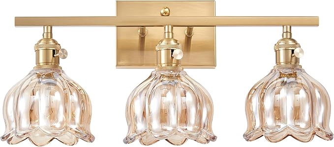 3-Light Amber Tulip Glass Vanity Light, Brushed Gold Vintage Bathroom Wall Sconce, 19.4" Antique Brass Hardwired Wall Lamp for Mirror, Powder Room, Bedroom (Individual Switches, Bulbs Not Included)