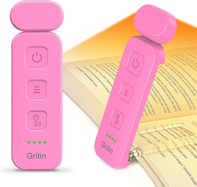 Gritin Reading Light, Rechargeable Book Light for Reading in Bed | Eye Caring 3 Color Temperatures, 5-Level Dimmable Brightness, Long Lasting, Compact Size Clip on Book Lamp for Bookworms-Rose