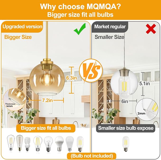 MQMQA 2 Pack Gold Globe Pendant Lights, Mid Century Gold Pendant Light Fixtures, Amber Glass Pendant Lights Kitchen Island Adjustable Hanging Fixture for Dining Room (Bulbs not Included)