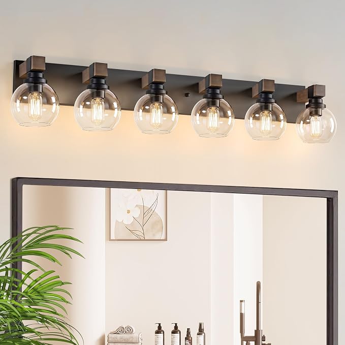 LmnLvn Bathroom Light Fixtures, Farmhouse Wood & Metal with Globe Glass | 6-Light Rustic Vanity Lights,Easy To Install, Mounted Over Mirror for Bathroom, Bedroom & Hallway
