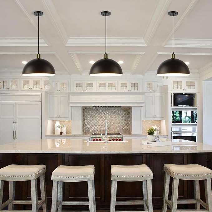 Black Pendant Light Fixtures 2 Pack, 15.7 Inch Large Dome Pendant Lighting Farmhouse Vintage Chandelier for Kitchen Island Dining Room