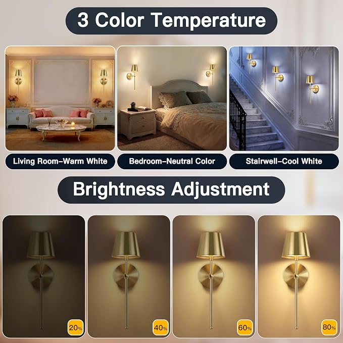 TaoFiaCo Battery Operated Wall Sconces Set of 2,Wireless Wall Sconce Gold | 5200mAh Rechargeable, Remote, Timer, Dimmable, Cordless Wall Light for Bedroom Living Room, Hallway, Light Decor