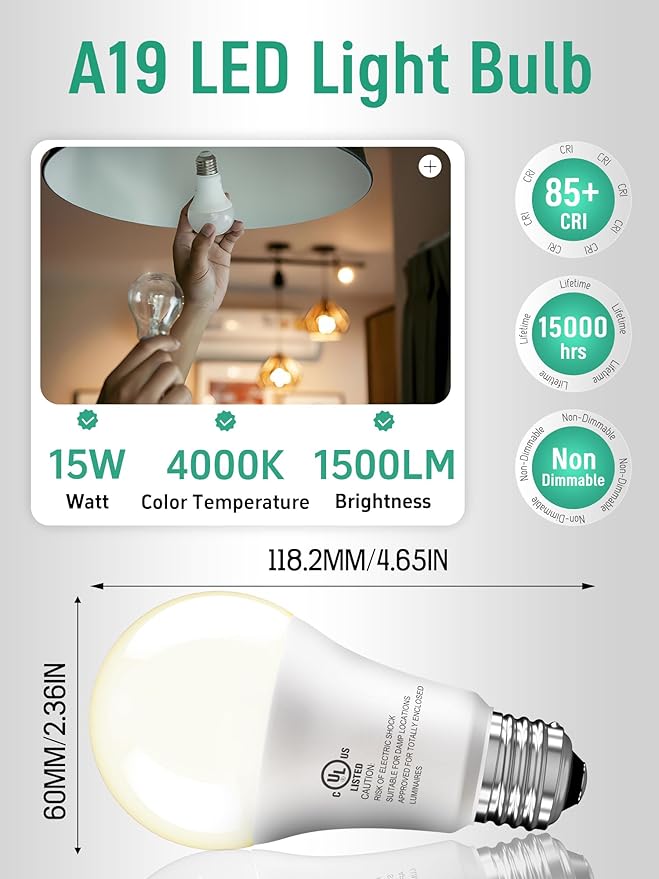 12 Pack LED Light Bulbs 100 Watt Equivalent, A19 15W Natural White 4000K, 1500 Lumens Super Bright E26 Standard No Flicker Energy Saving Lamp Bulb for Home, Bedroom, Office, 15000 Hrs, Non-Dimmable