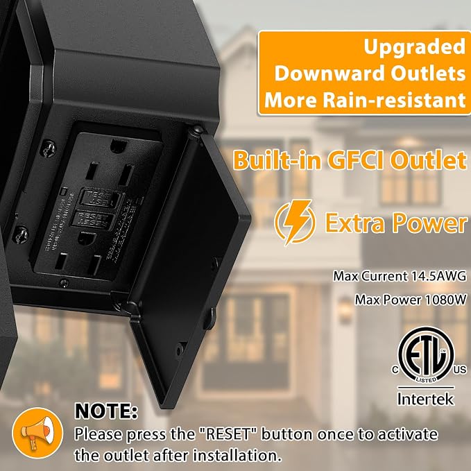 Porch Lights with GFCI Outlet, Dusk to Dawn Outdoor Wall Sconce Black | Anti-Rust Waterproof Aluminum Construction, Easy Installation, Tempered Glass & E26 Socket Outside Lights for House Garage