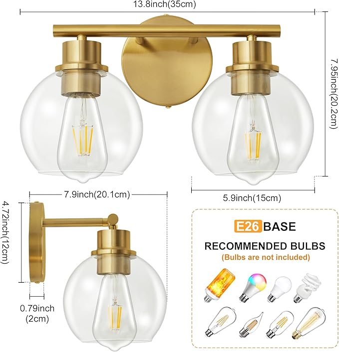 Bathroom Light Fixtures Over Mirror 2-Lights Bathroom Vanity Light with Clear Glass Shade 13.8 inch Gold Wall Sconce Brushed Brass Vanity Lighting Bathroom Light for Bath