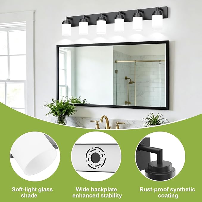 Bathroom Light Fixtures, Matte Black Bathroom Lighting Fixtures Over Mirror, Modern Vanity Light with White Glass Shade, Restroom Lighting Fixtures, 6-Light 46-inch