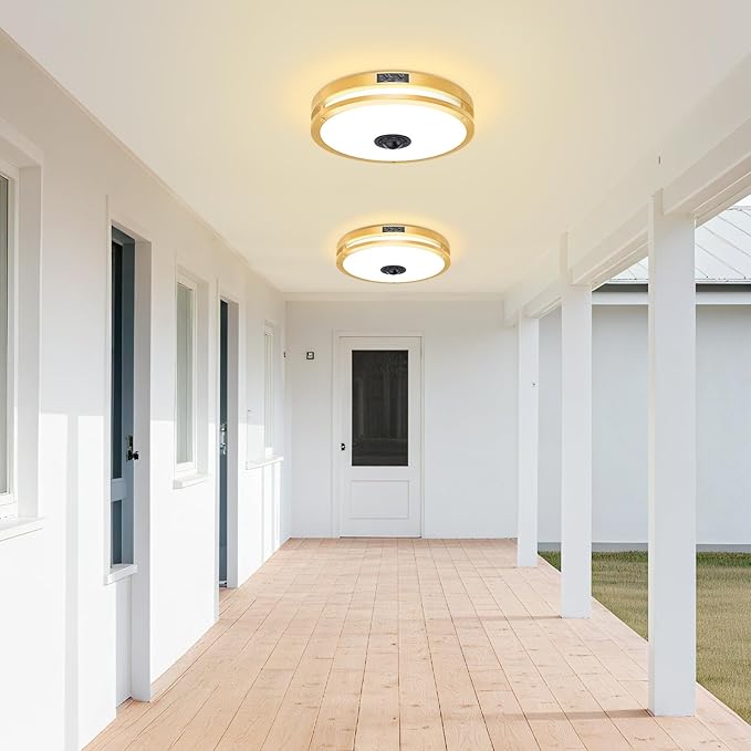 24W LED Motion Sensor Outdoor Ceiling Light, 12IN 2700K/3000K/3500K/4000K/5000K Adjustable Ceiling Lights, Dusk to Dawn Flush Mount LED Ceiling Light Fixture for Porch, Garage, Gold