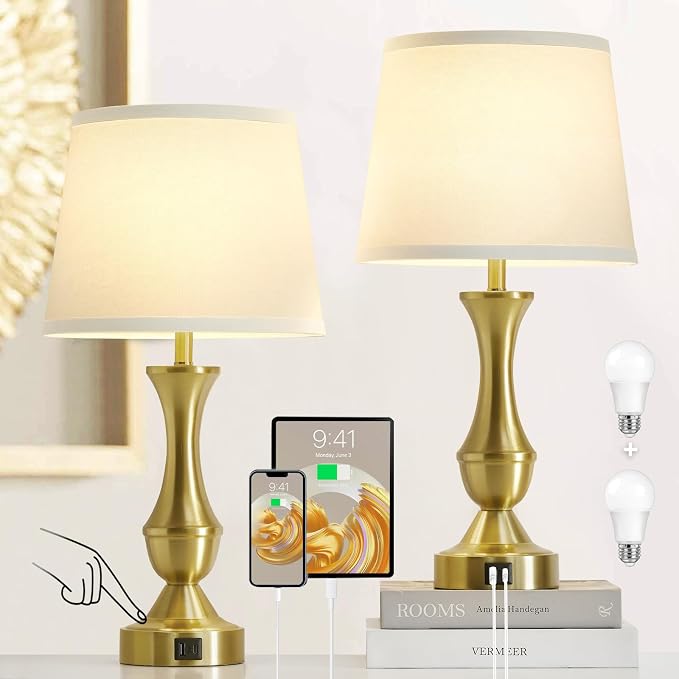 Luvkczc 22" Gold Table Lamps Set of 2 - Modern Luxury Bedside Lamps with White Fabric Shade, Dimmable & Dual USB C+A Ports, Nightstand Lamps for Bedroom/Living Room (Bulb Included)