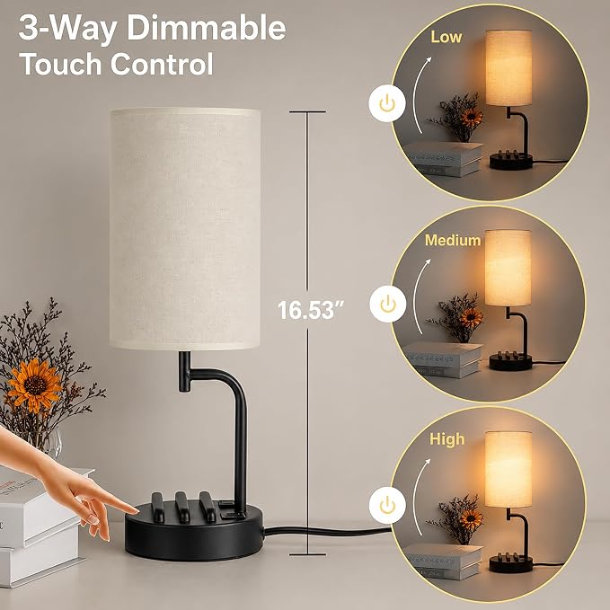 Dreamholder Touch Control USB Table Lamp with USB C/A & AC Outlet, 3-Way Dimmable Bedside Lamp, Modern Nightstand Lamps for Bedroom Living Room Guest Room Office, Bulb Included, Black