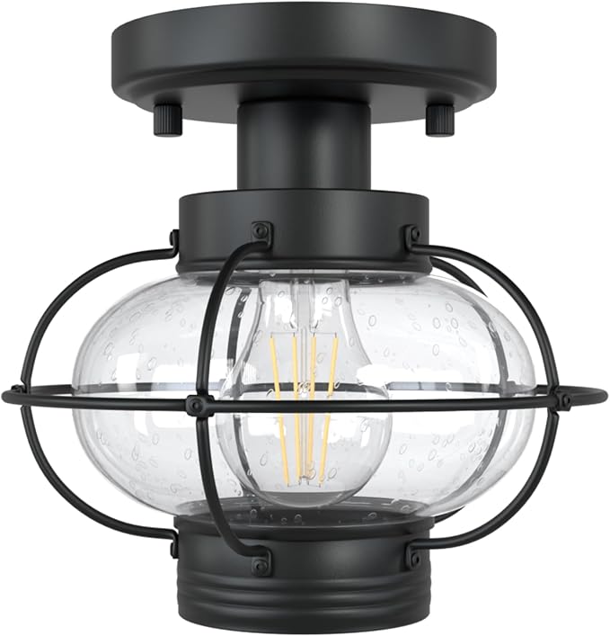 Porch Ceiling Light Fixture, Industrial Flush Mount, Glass Globe, E26 | Farmhouse Design for Indoor & Outdoor. Ideal for Hallway, Bedroom, Balcony, Stairway. Easy to Install. Hardware Included.