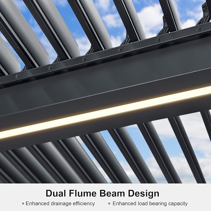 PURPLE LEAF Louvered Pergola 14' x 20' 94AS LED Strip Light 53mph Windproof | Four Adjustable Roofs, Reinforced 5.12-Inch Beams, All-Aluminum Rustproof, Plus Hidden LED Lights, Multiple Size Options