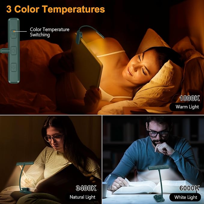 Gritin 19 LED Rechargeable Book Light for Reading in Bed | Eye Caring 3 Color Temps,Stepless Dimming Brightness,Memory Function,90 Hrs Runtime Lightweight Clip on Light-Blackish Green