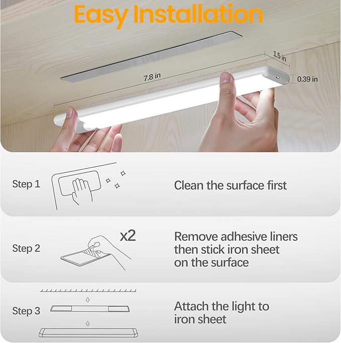7.9 inch Motion Sensor Under Cabinet Light, 3 Color Temperature Dimmable Rechargeable Magnetic Closet Light Wireless Under Counter Light 5-Pack