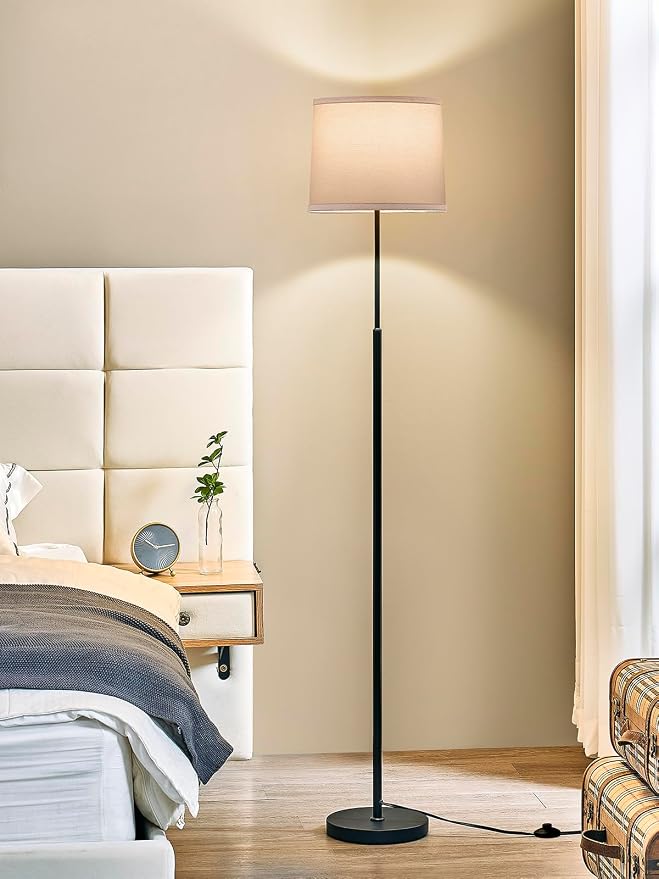 60" Modern Floor Lamp for Living Room Bedroom, Standing Lamp with White Linen Lampshade, Tall Lamp with A19 9W 3 Color Temperature Bulb, Foot Switch Control