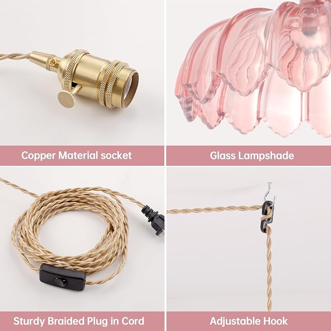 Shenmoyl Plug in Pendant Light Hanging Light Fixtures with Plugin Cord On/Off Switch,Pink Scindapsus Glass Lampshade Brass Pendant Light