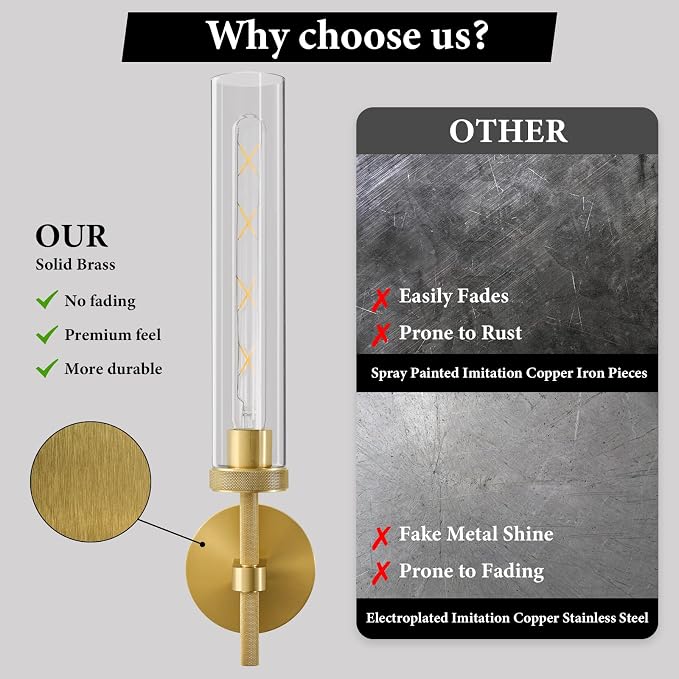 Brass Knurled Tube Wall Sconce - Luxury Modern Glass Sconces with Bulbs - Vertical Mounted Light Fixture - Gold Dimmable Indoor Lighting for Vanity Mirror Bathroom Bedroom Living Room Hallway