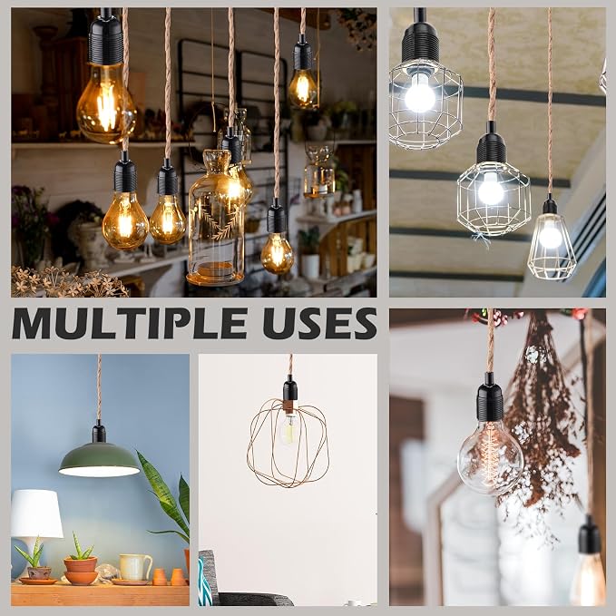 20 Pcs 10ft Pendant Light Cords Kit with Switch Rope Cord Fixtures Hanging Vintage Lamp with Plug Twisted Nylon Pendant Lamp Extension E26 E27 for Farmhouse Industrial Home DIY Decoration