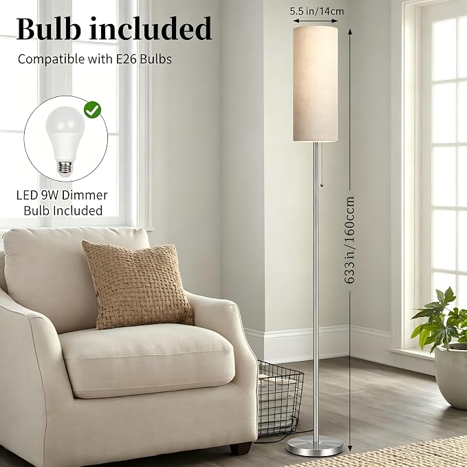 Ldeco Floor Lamp for Living Room, Modern Standing Lamps with Lampshade, Minimalist Tall Lamp with Chain Switch for Living Room, LED Bulb Included (Nickel Body+Beige Shade)