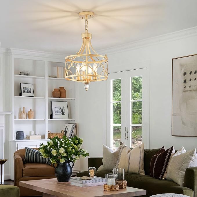 4-Light Gold Chandelier,12.6in Farmhouse Lantern Pendant Light Fixture,Adjustable Hanging Ceiling Lamp with E12 Socket,for Kitchen Island,Bedroom,Entryway,Dining Room