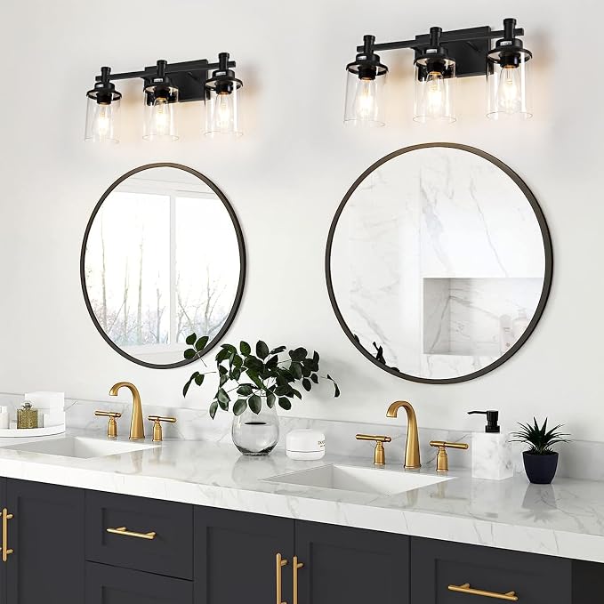 3 Light Bathroom Light Fixtures, Modern Black Vanity Lights Over Mirror, Wall Sconce with Clear Glass Shade and Metal Base, Vanity Lights for Bathroom, Wall Lamp for Mirror Bedroom Hallway