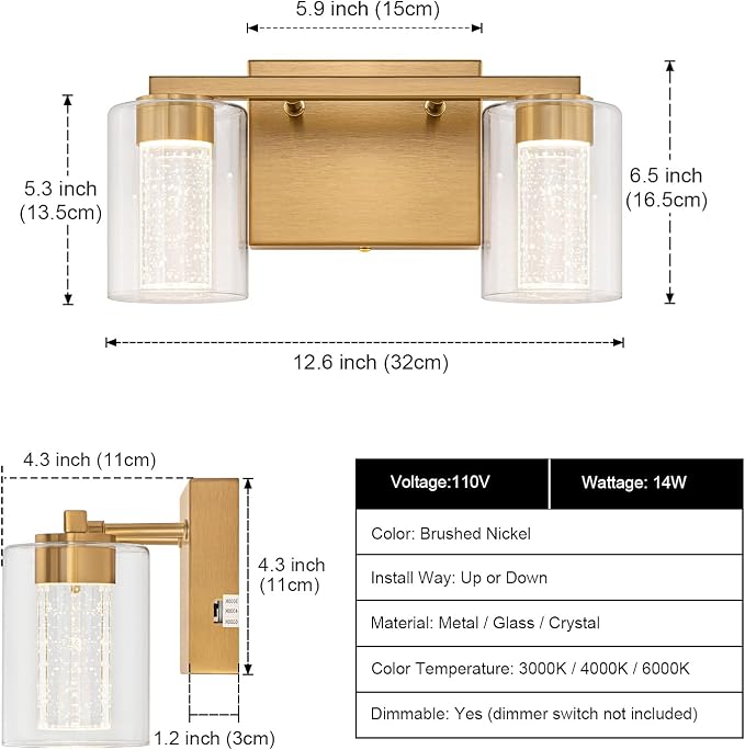 SineRise 2-Light Gold Vanity Light with 3 Color Modes (3000K/4000K/6000K), Eye Protection LED Bathroom Light Fixture, Dimmable Modern Wall Light Over Mirror with Clear Glass Shade