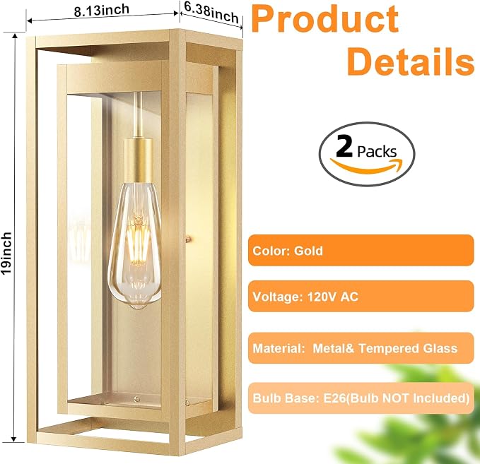 19" Large Outdoor Wall Light Fixtures, Gold Porch Light, 2 Pack | Large Size, Anti-Rust, Waterproof, Tempered Glass, Easy Installation, Modern Exterior Sconces for House Garage