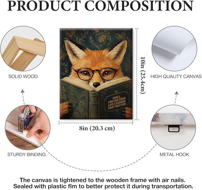 NSFBESSLIA Funny Reading Fox Painting, Whimsical Vintage Animal Decor, Chill For Fox Sake, Literary Cottagecore Wall Art for Living Room Bedroom Entryway, 8x10 Inch