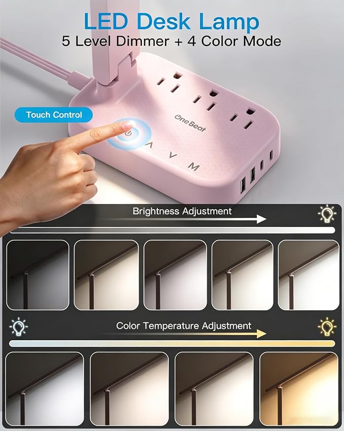 LED Desk Lamp, Power Strip with 4 USB 3 Outlets, Dorm Room Essentials, Pink | One Beat 4 Modes 5 Level Brightness Touch Lamp, Small Desk Lamp for Home Office College Dorm Essentials, Study Reading Light