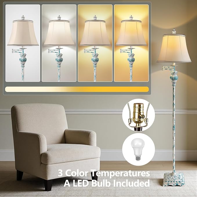 Vintage Floor Lamps for Living Room,Traditional 350° Adjustable Swing Arm Farmhouse Floor Lamp for Bedroom, Rustic Standing Lamp Pole Lamps for Reading, Home Décor and Office, Washed Blue