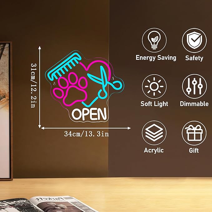 Mutank Pet Shop Open Neon Sign, Paw Neon Light USB Powered LED Dimmable Scissors Sign, for Pet Shop Business Sign Pet Spa Pet Salon Animal Clinic Decor Pet Grooming and Welcome Sign(13.3 * 12.2 In)