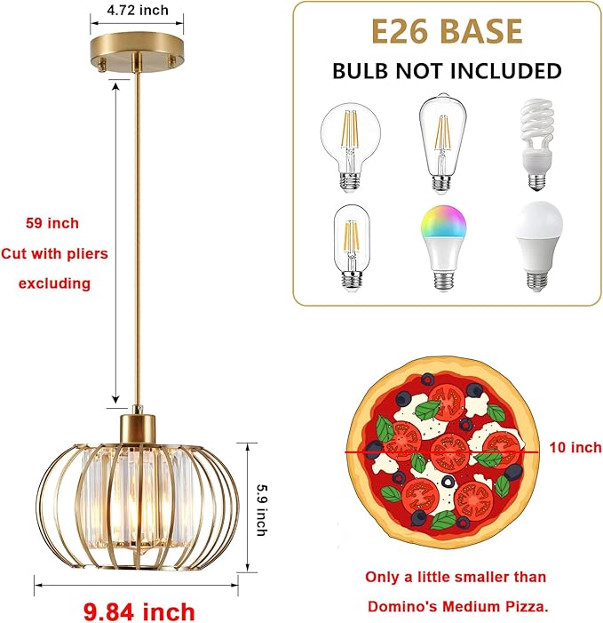 Gold Pendant Light Fixture, Modern Crystal Pendant Lights Kitchen Island, 1-Light Farmhouse Mini Chandelier, Adjustable Brass Hanging Light Fixture for Hallway, Bedroom, Dining Room