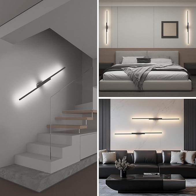 Aipsun Black Wall Sconces Set of Two Battery Operated Wall Sconces 3000K-6000K Dimmable LED Wireless Wall Lights for Living Room,Bedroom,12,000mAh,39.4Inch (2 Pack)