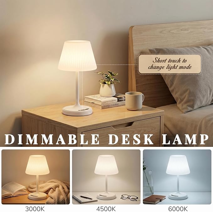 Waterproof Shower Lamp Outdoor Cordless Table Lamp, 3 Color Dimmable -White | touch dimmable, weighted base, bathroom shower light, patio dinner, RV camping, charge your phones, memory night light