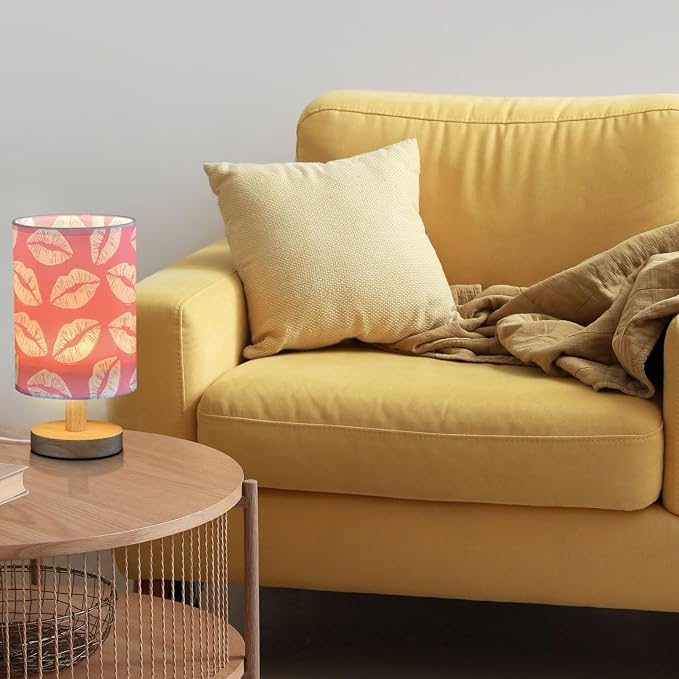 Sexy Lip Preppy Pink Colored Love Kisses Bedside Table Lamps with USB Port for Bedroom Lamp Table Lamp Small Nightstand Lamp Sturdy Linen Shade Wooden Decorative Lamps for Home Dorm Office Living Room
