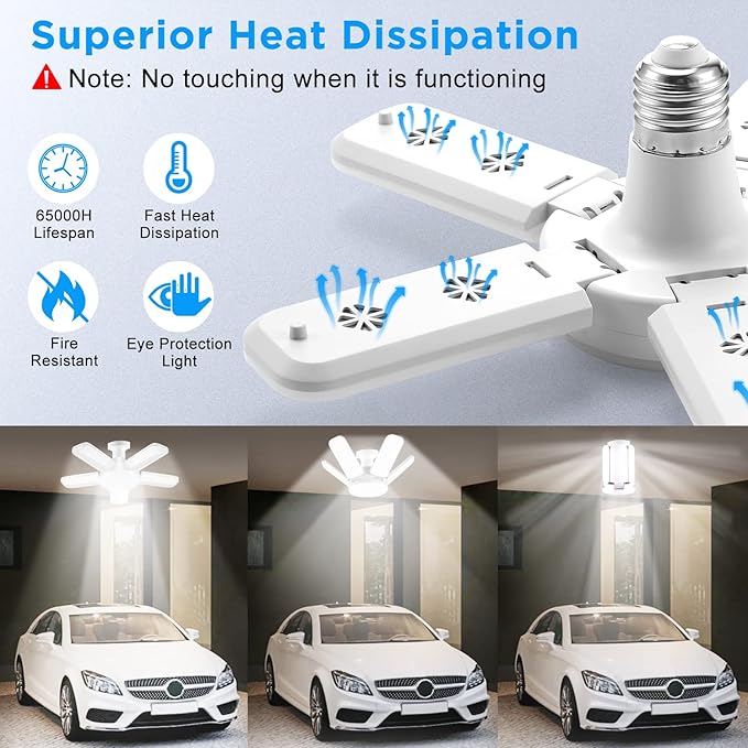 LED Garage Lights, 80W LED Garage Ceiling Lights with 5 Deformable Panels, 8000LM LED Shop Lights for Garage E26/E27 LED Light Bulbs for Garage, Workshop, Warehouse (2 Packs)